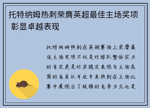 托特纳姆热刺荣膺英超最佳主场奖项 彰显卓越表现